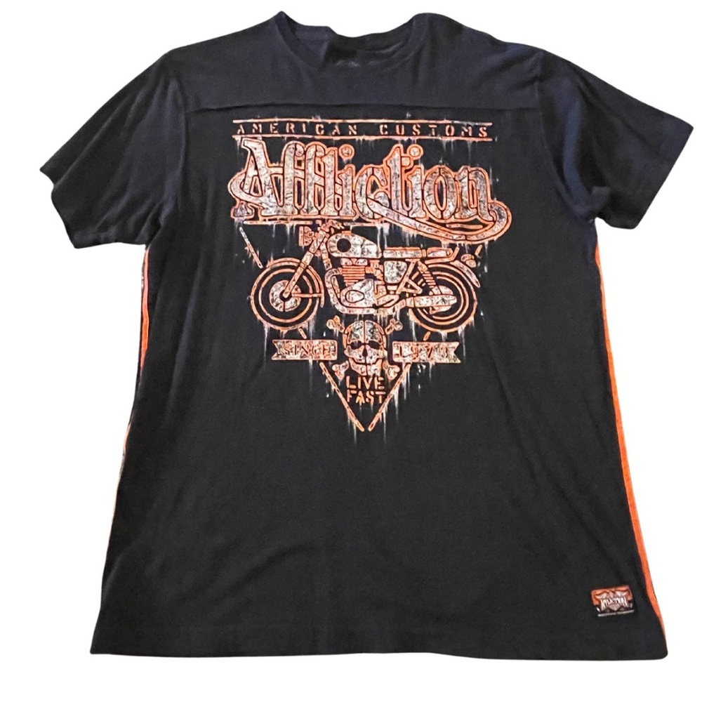 Affliction Men’s T-shirt American Customs with Motorcycle, American Flag. XXL